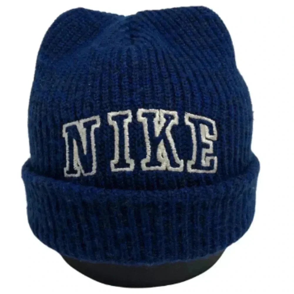 Vintage 90s White Tag Blue Nike Block Letter  Spellout Knit Beanie Hat Cap Toque